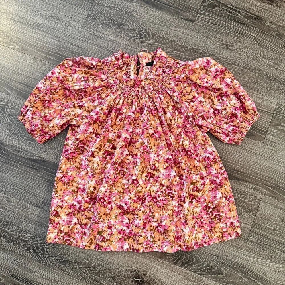 J. Crew Smocked neck puff-sleeve top in faded floral New